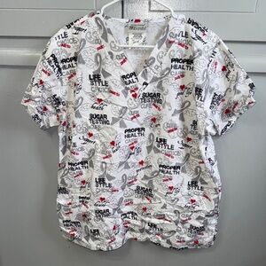 UA Scrubs White V-Neck Medical Print Top with Red and Gray Accents